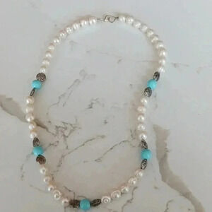 Handcrafted faux pearl and faux turquoise 20 inch necklace